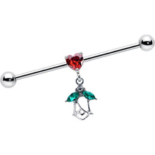 Load image into Gallery viewer, 14G Red CZ Gem Heart And Rose Dangle Industrial Barbell 38mm