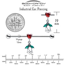 Load image into Gallery viewer, 14G Red CZ Gem Heart And Rose Dangle Industrial Barbell 38mm