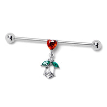 Load image into Gallery viewer, 14G Red CZ Gem Heart And Rose Dangle Industrial Barbell 38mm