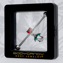 Load image into Gallery viewer, 14G Red CZ Gem Heart And Rose Dangle Industrial Barbell 38mm