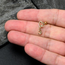将图片加载到图库查看器,16G 1/4 Clear CZ Gem Gold Tone Heart Moon Dangle Cartilage Earring