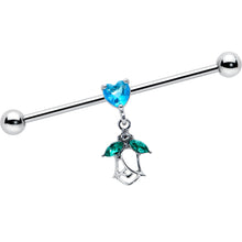 Load image into Gallery viewer, 14G Blue CZ Gem Heart And Rose Dangle Industrial Barbell 38mm
