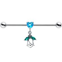 Load image into Gallery viewer, 14G Blue CZ Gem Heart And Rose Dangle Industrial Barbell 38mm