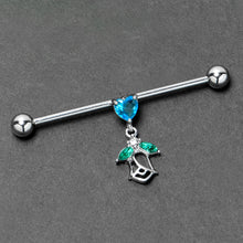 Load image into Gallery viewer, 14G Blue CZ Gem Heart And Rose Dangle Industrial Barbell 38mm