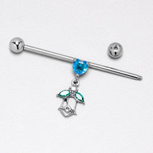 Load image into Gallery viewer, 14G Blue CZ Gem Heart And Rose Dangle Industrial Barbell 38mm