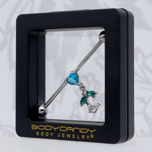 Load image into Gallery viewer, 14G Blue CZ Gem Heart And Rose Dangle Industrial Barbell 38mm