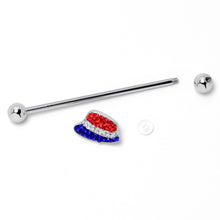 Load image into Gallery viewer, 14G Red Blue Clear Gem Patriotic Hat Industrial Barbell 38mm