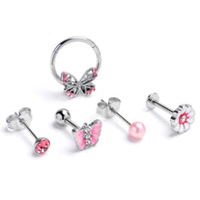 Load image into Gallery viewer, 16G 3/8 5/16 Pink Gem Butterfly Labret BCR Cartilage Curation Set of 5