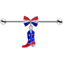 Load image into Gallery viewer, 14G Red Blue Gem Bow Cowboy Boot Patriotic Industrial Barbell 38mm