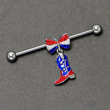 Load image into Gallery viewer, 14G Red Blue Gem Bow Cowboy Boot Patriotic Industrial Barbell 38mm