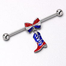 Load image into Gallery viewer, 14G Red Blue Gem Bow Cowboy Boot Patriotic Industrial Barbell 38mm
