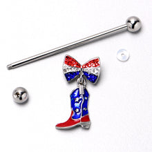 Load image into Gallery viewer, 14G Red Blue Gem Bow Cowboy Boot Patriotic Industrial Barbell 38mm