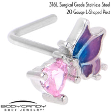 Load image into Gallery viewer, 20G 1/4 Pink CZ Gem Heart Butterfly L Shape Nose Ring