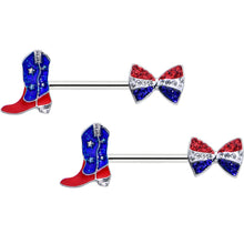 Load image into Gallery viewer, 14G 9/16 Red Blue Gem Bow Cowboy Boot Patriotic Nipple Ring Set