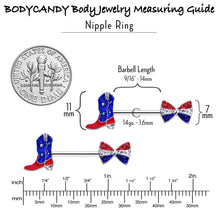 Load image into Gallery viewer, 14G 9/16 Red Blue Gem Bow Cowboy Boot Patriotic Nipple Ring Set