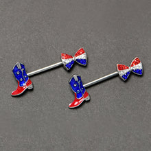 Load image into Gallery viewer, 14G 9/16 Red Blue Gem Bow Cowboy Boot Patriotic Nipple Ring Set