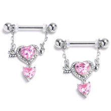 Load image into Gallery viewer, 14G 9/16 Pink CZ Gem Fusion Of Love Arrow Heart Dangle Nipple Ring Set