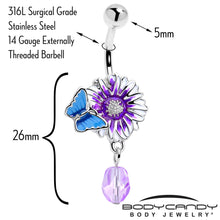 Load image into Gallery viewer, Purple Gem Passion Flower Butterfly Dangle Belly Ring