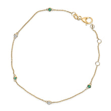 将图片加载到图库查看器,14K Yellow Gold Alternating Green Emerald and Diamond Bezel Station Chain Bracelet - Size 7.5 inch