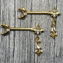 Load image into Gallery viewer, 14G 9/16 Clear Gem Gold Tone Celestial Glam Dangle Nipple Ring Set