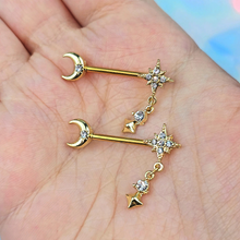 Load image into Gallery viewer, 14G 9/16 Clear Gem Gold Tone Celestial Glam Dangle Nipple Ring Set