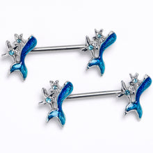Load image into Gallery viewer, 14G 9/16 Blue Gem Blue Mermaid Tail Stars Barbell Nipple Ring Set