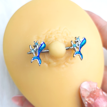 Load image into Gallery viewer, 14G 9/16 Blue Gem Blue Mermaid Tail Stars Barbell Nipple Ring Set