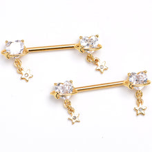 Load image into Gallery viewer, 14G 9/16 Clear Gem Gold Tone Starry Heart Dangle Nipple Ring Set
