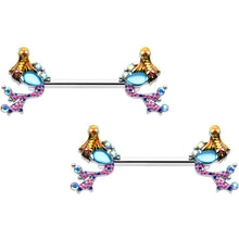 Load image into Gallery viewer, 14G 9/16 Blue Aurora Gem Abstract Mermaid Barbell Nipple Ring Set