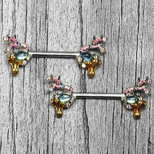 Load image into Gallery viewer, 14G 9/16 Blue Aurora Gem Abstract Mermaid Barbell Nipple Ring Set