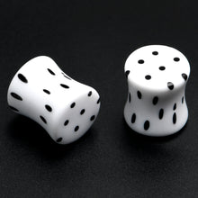 Load image into Gallery viewer, White Acrylic Retro Dots Black Double Flare Plug Set 6mm to 20mm Sizes