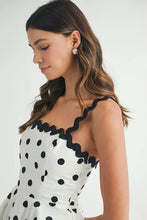 Load image into Gallery viewer, Polka Dot Mini Dress with Ricrac Trim Strap – Fun Polka Dot Pattern, Fluttering, Unique Ricrac Trim Strap, Playful and Stylish Mini Dress, Versatile Summer Dress