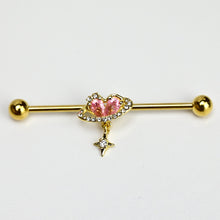Load image into Gallery viewer, 14G Clear Pink Gem Gold Tone Circle Heart Industrial Barbell 38mm
