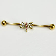 Load image into Gallery viewer, 14G Pink Clear Gem Gold Tone Dragonfly Industrial Barbell 38mm