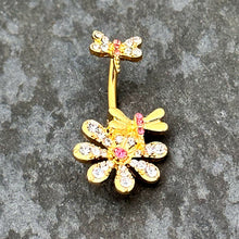 将图片加载到图库查看器,Clear Pink Gem Gold Tone Flower Bug Double Mount Belly Ring