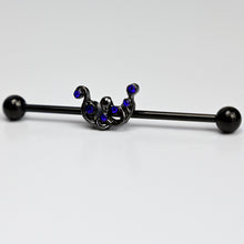 Load image into Gallery viewer, 14G Blue Gem Black Scrolling Elegance Industrial Barbell 38mm