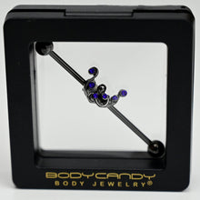 Load image into Gallery viewer, 14G Blue Gem Black Scrolling Elegance Industrial Barbell 38mm