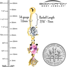 Load image into Gallery viewer, Clear Pink CZ Gem Gold Tone Fanciful Fish Dangle Belly Ring