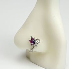 Load image into Gallery viewer, 20G 7mm Clear Gem Purples Dazzling Butterfly L Shape Nose Ring