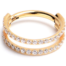 Load image into Gallery viewer, 16G 3/8 Cubic Zirconia Gold PVD ASTM F-136 Implant Grade Titanium Double Hinged Segment Ring