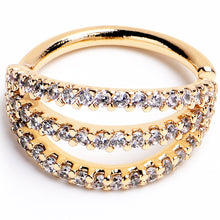 Load image into Gallery viewer, 16G 3/8 Clear CZ Gem Gold Tone Faux Triple Hoop Closure Ring