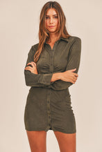 Load image into Gallery viewer, Front Ruched Button-Down Skinny Mini Shirt Dress β Button-Down Mini Dress, Ruched Shirt Dress, Bodycon Mini Dress, Skinny Fit Shirt Dress, Trendy Mini Dress
