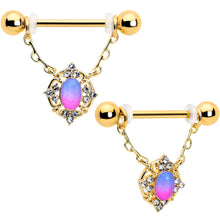 Load image into Gallery viewer, 14G 9/16 Pink Tourmaline Gold Tone Wondrous Dangle Nipple Ring Set