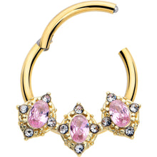 Load image into Gallery viewer, 16G 3/8 Pink Tourmaline Gold Tone Wondrous Trio Hinged Segment Ring