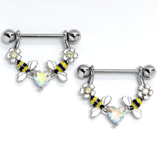 Load image into Gallery viewer, 14G 9/16 Aurora Gem Heart Bees Flowers Dangle Nipple Ring Set