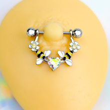 Load image into Gallery viewer, 14G 9/16 Aurora Gem Heart Bees Flowers Dangle Nipple Ring Set