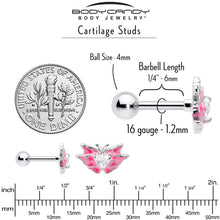 Load image into Gallery viewer, 16G 1/4 Clear Gem Heart Pink Butterfly Cartilage Tragus Earring