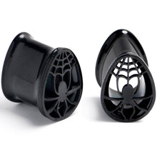 Load image into Gallery viewer, Black Spider Web Double Flare Teardrop Tunnel Plug Set Sizes 8mm to 16mm