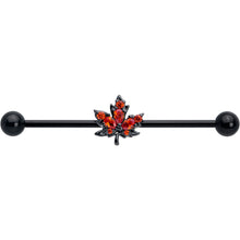 Load image into Gallery viewer, 14G Orange CZ Gem Black Autumn Leaf Industrial Barbell 38mm