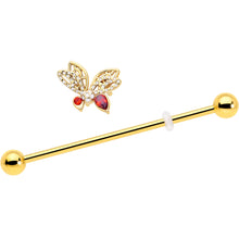 Load image into Gallery viewer, 14G Red CZ Gem Gold Tone Drama Butterfly Industrial Barbell 38mm